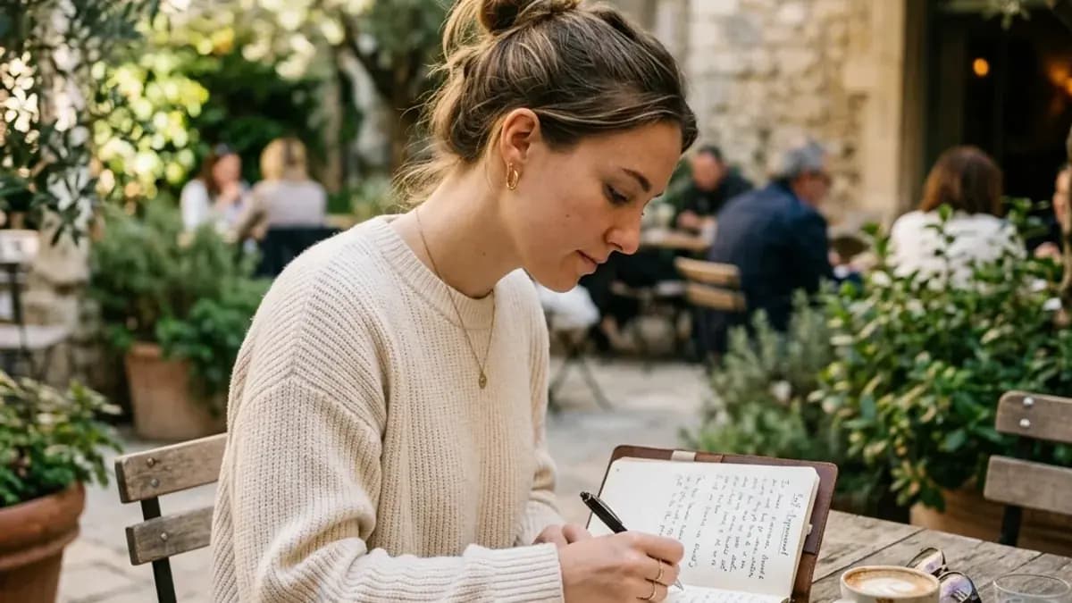 Person journaling about self-improvement at a peaceful outdoor cafe Person journaling about self-improvement at a peaceful outdoor cafe