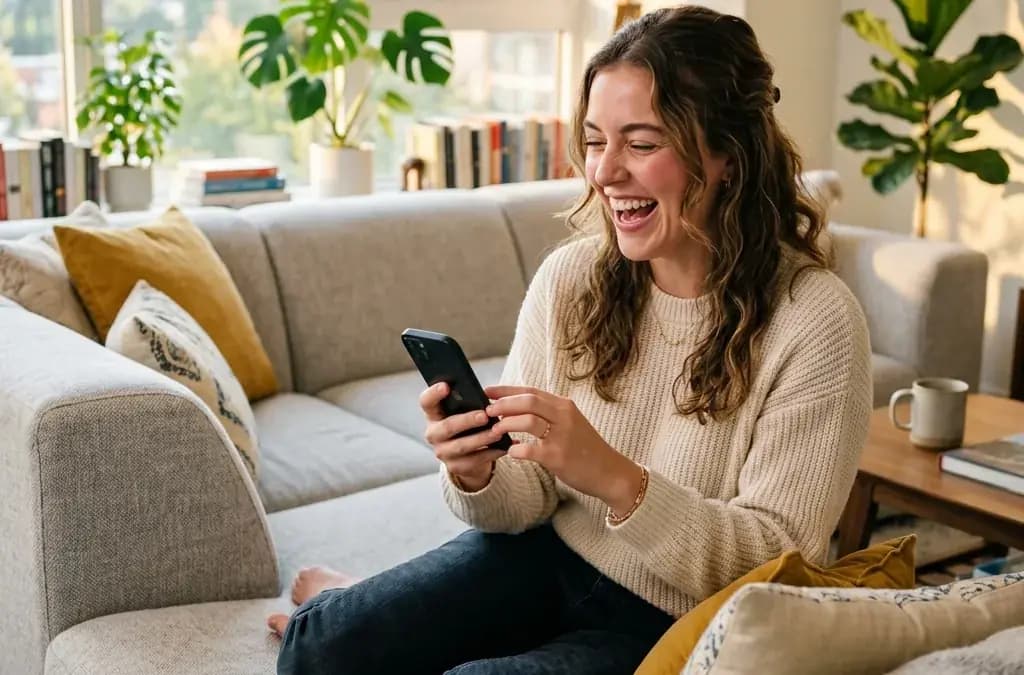 How to Keep a Dating App Conversation Going Woman laughing while texting on her phone — keeping a dating app conversation engaging