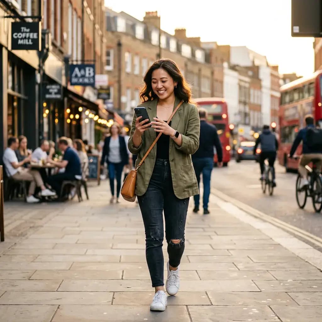 Confident person walking through a city at golden hour after optimizing their dating profile Confident person walking through a city at golden hour after optimizing their dating profile