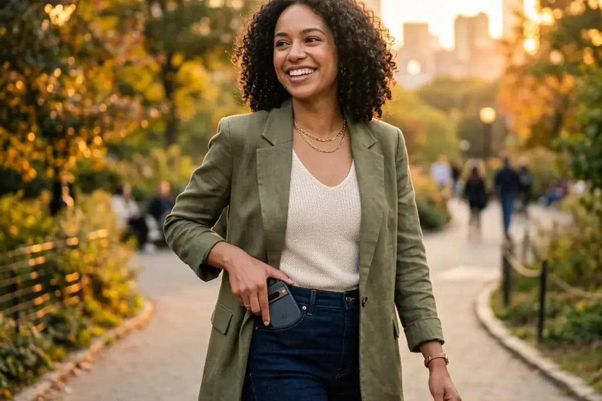 Confident person outdoors at golden hour after completing their dating profile Confident person outdoors at golden hour after completing their dating profile