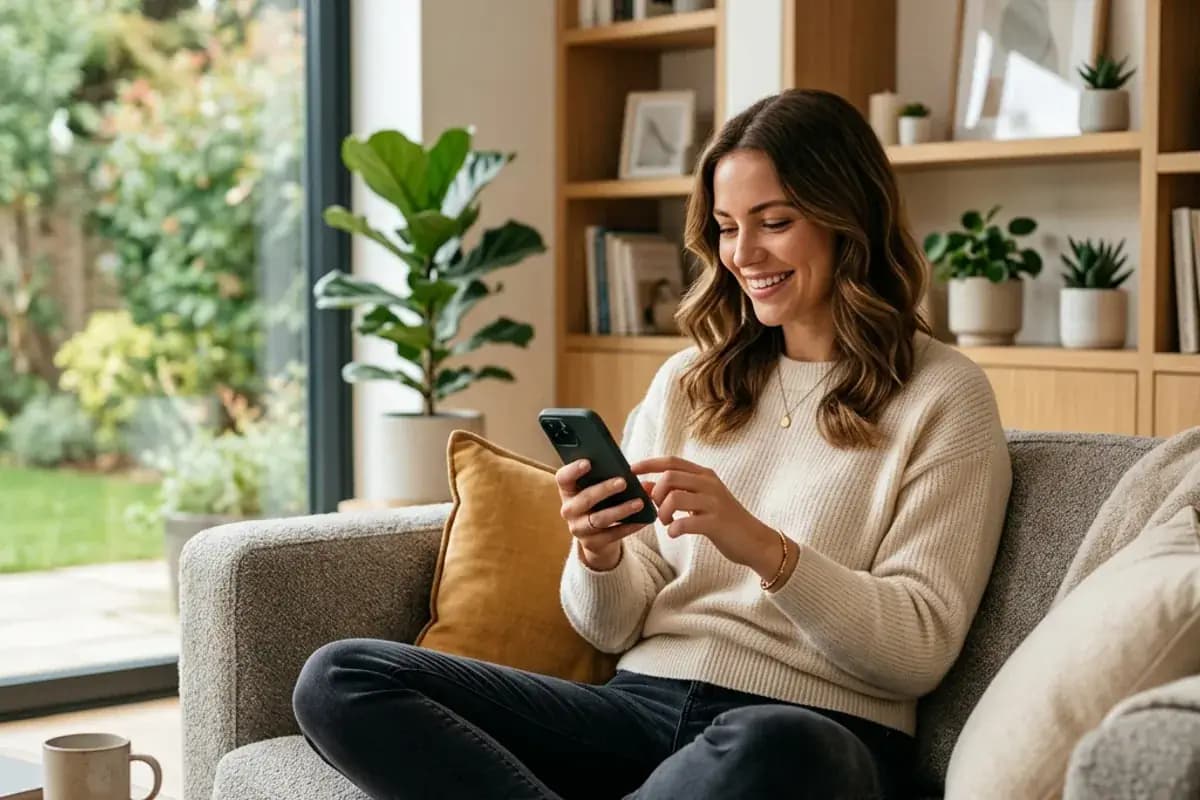 Write a Dating Profile That Stands Out Woman thoughtfully writing her dating profile on a smartphone in a cozy living room