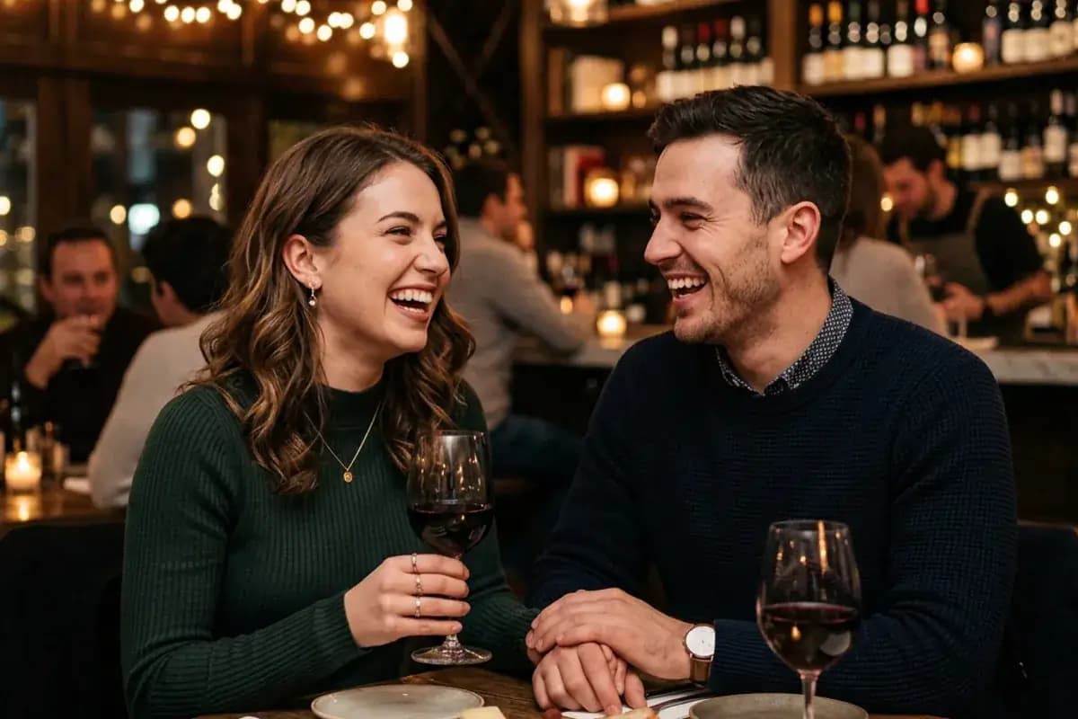 What to Talk About on a First Date Couple on a first date at a cozy wine bar engaged in natural conversation
