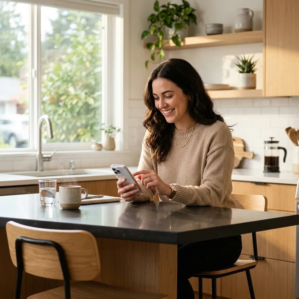 First Messages That Do Not Sound Desperate Person composing a thoughtful first message on their smartphone at a modern kitchen counter