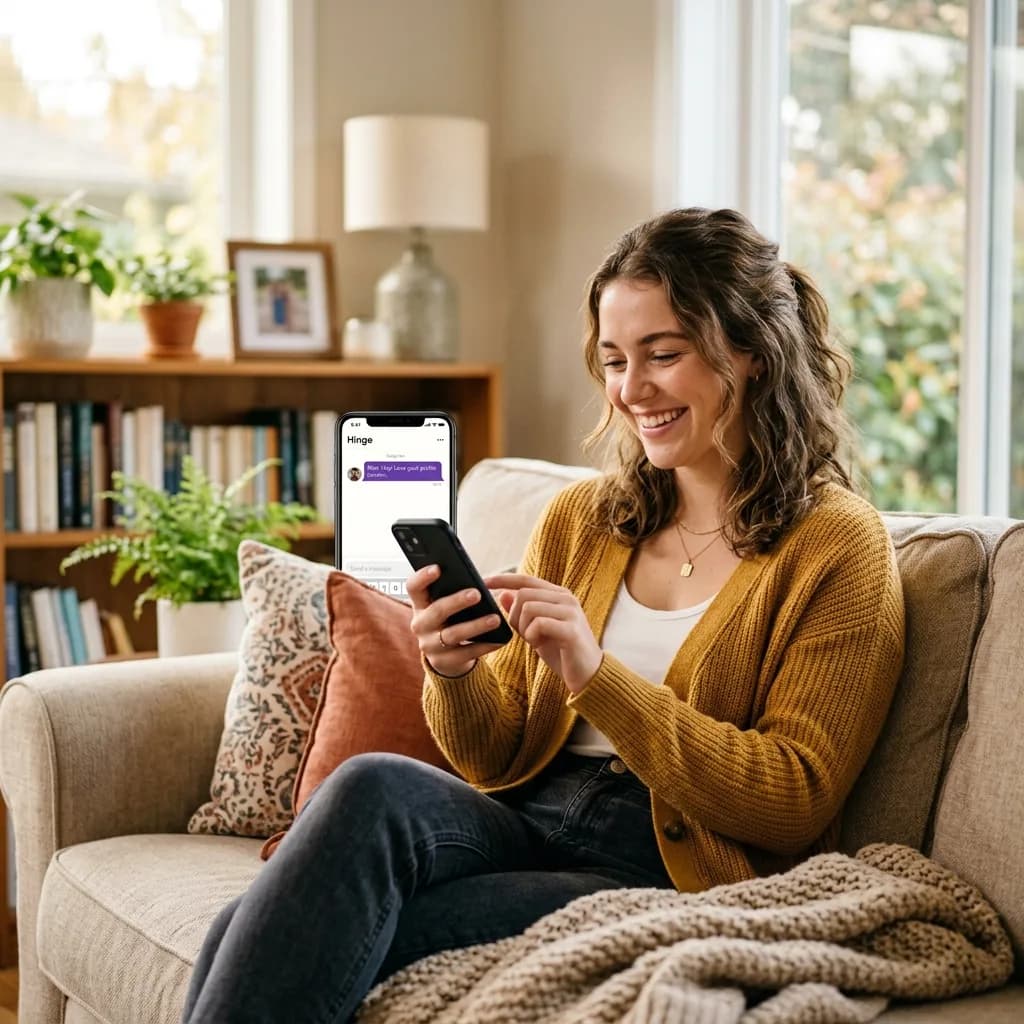 Confident person smiling while texting on dating app in relaxed indoor setting Confident person smiling while texting on dating app in relaxed indoor setting
