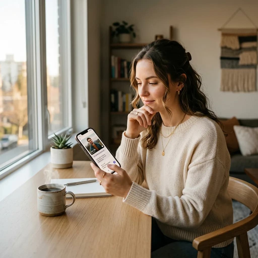 Person crafting a thoughtful first message on Hinge dating app at a modern desk Person crafting a thoughtful first message on Hinge dating app at a modern desk