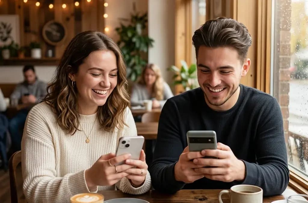 How to Start a Conversation on Hinge Two people smiling while texting at a coffee shop — starting a great Hinge conversation