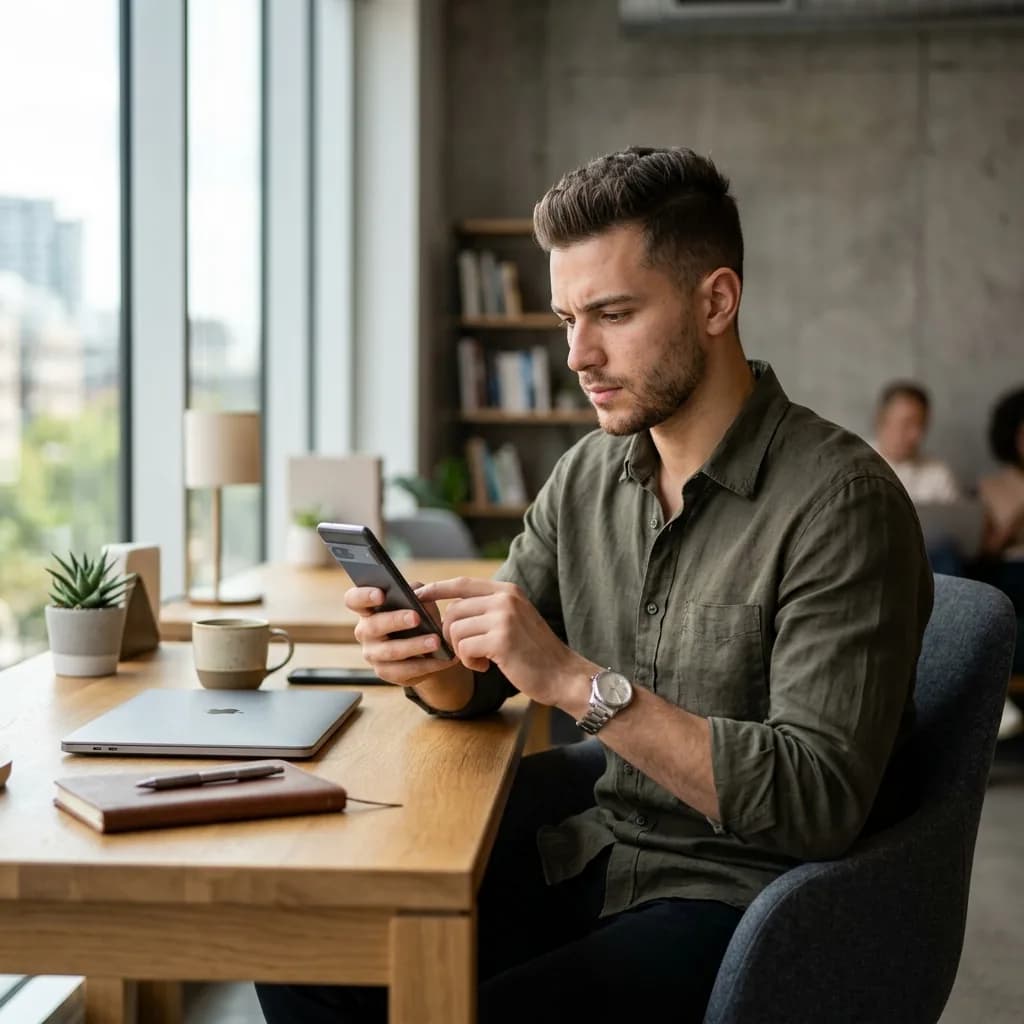 Best Hinge Prompt Answers for Men Man thoughtfully crafting his Hinge profile prompt answers on a smartphone