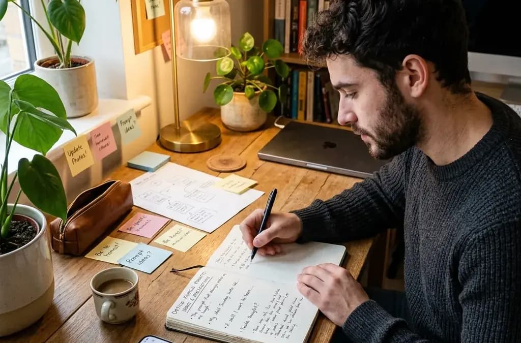 Young man brainstorming dating profile prompt ideas at a creative workspace with notepad Young man brainstorming dating profile prompt ideas at a creative workspace with notepad