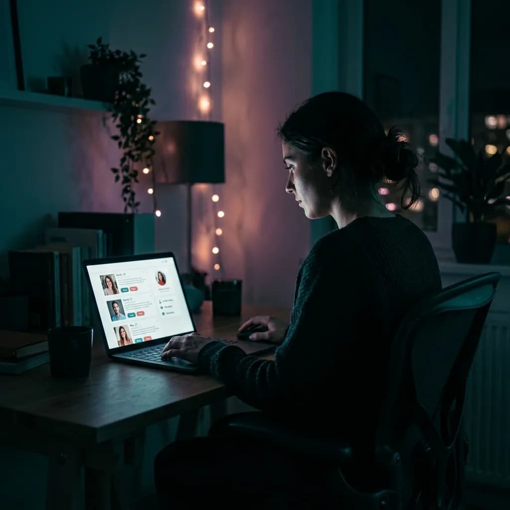 Person evaluating online dating profiles on a laptop in a dimly lit room Person evaluating online dating profiles on a laptop in a dimly lit room