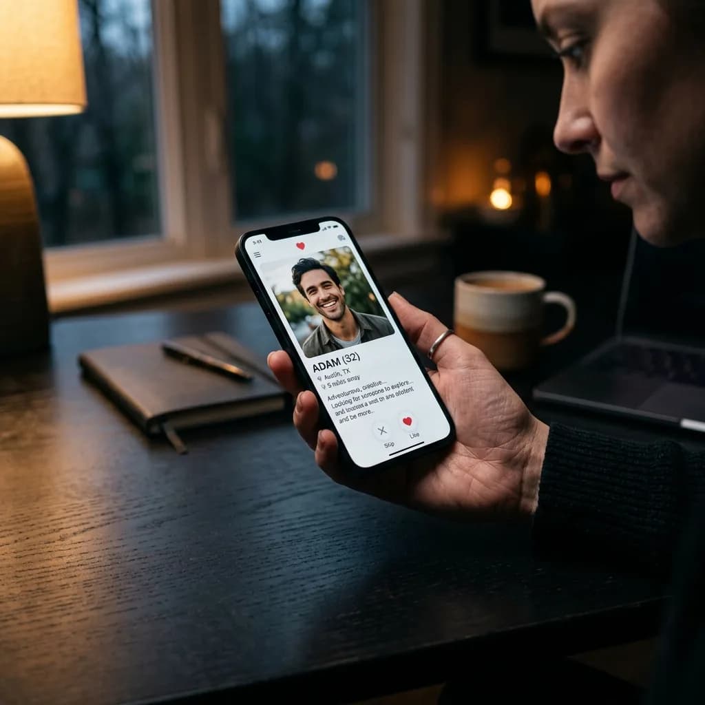 Red Flags in Dating Profiles Hand holding a smartphone evaluating a dating app profile with cautious scrutiny
