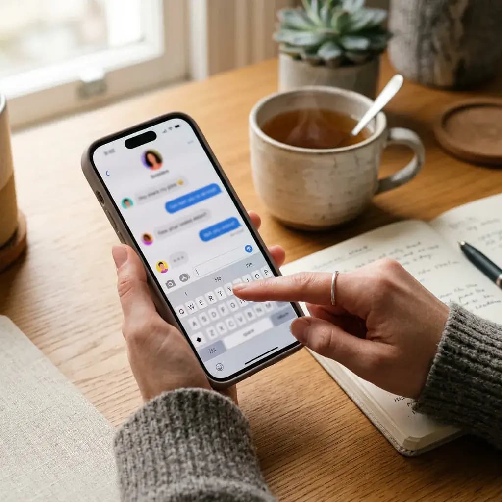 Close-up of a phone screen showing a dating app chat with finger about to type Close-up of a phone screen showing a dating app chat with finger about to type