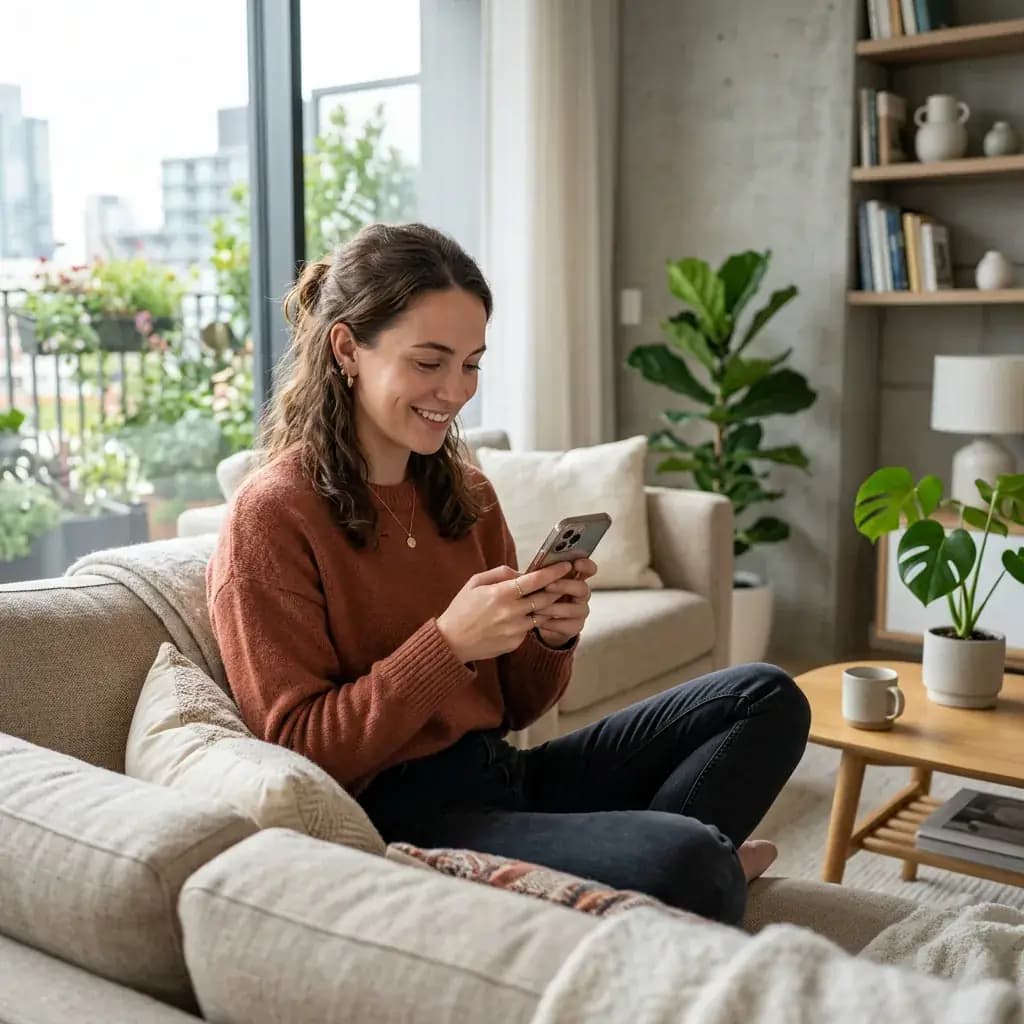How to Reply to 'Hey' on Tinder Young woman looking at her phone with a playful amused expression on a modern sofa