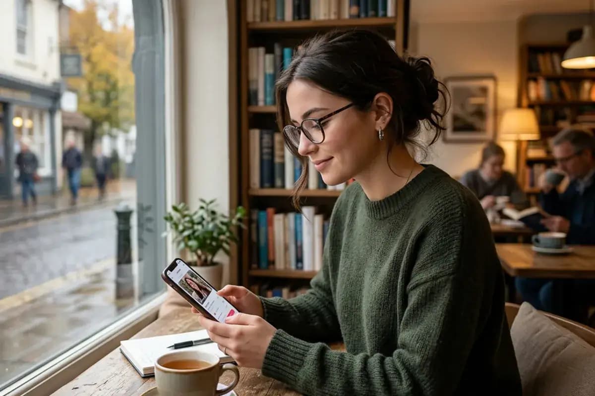Best Dating Apps for Introverts Quiet introverted person peacefully browsing a dating app at a bookshop cafe