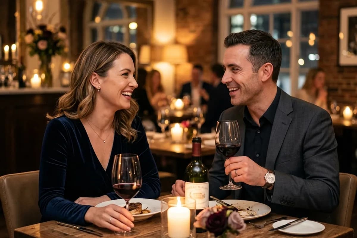 Mature couple in their thirties on a sophisticated dinner date with genuine connection Mature couple in their thirties on a sophisticated dinner date with genuine connection