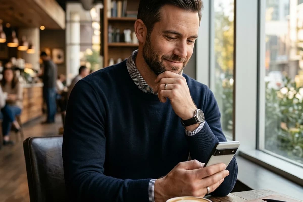 Best Dating Apps for Over 30 Professional man in his thirties using a dating app at a sleek modern cafe