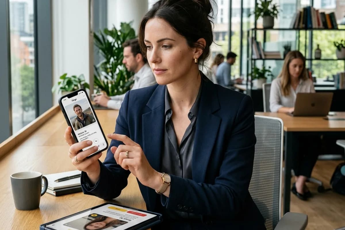 Professional woman in her thirties comparing dating apps at a co-working space Professional woman in her thirties comparing dating apps at a co-working space
