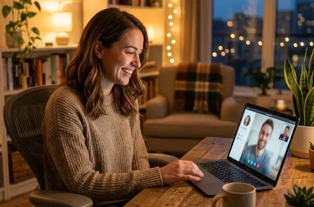 Happy person on a video date call at home after choosing the right dating app Happy person on a video date call at home after choosing the right dating app