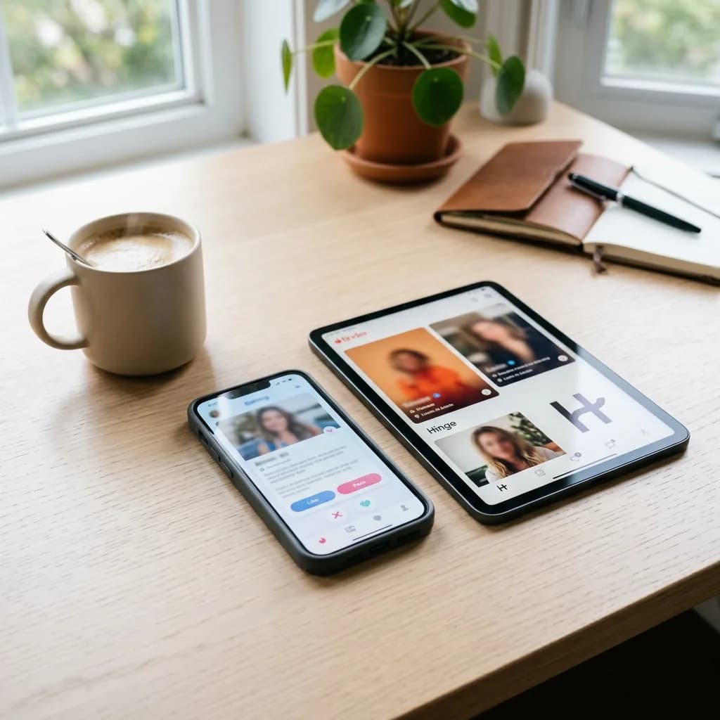 Smartphone and tablet showing different dating app interfaces on a clean desk Smartphone and tablet showing different dating app interfaces on a clean desk