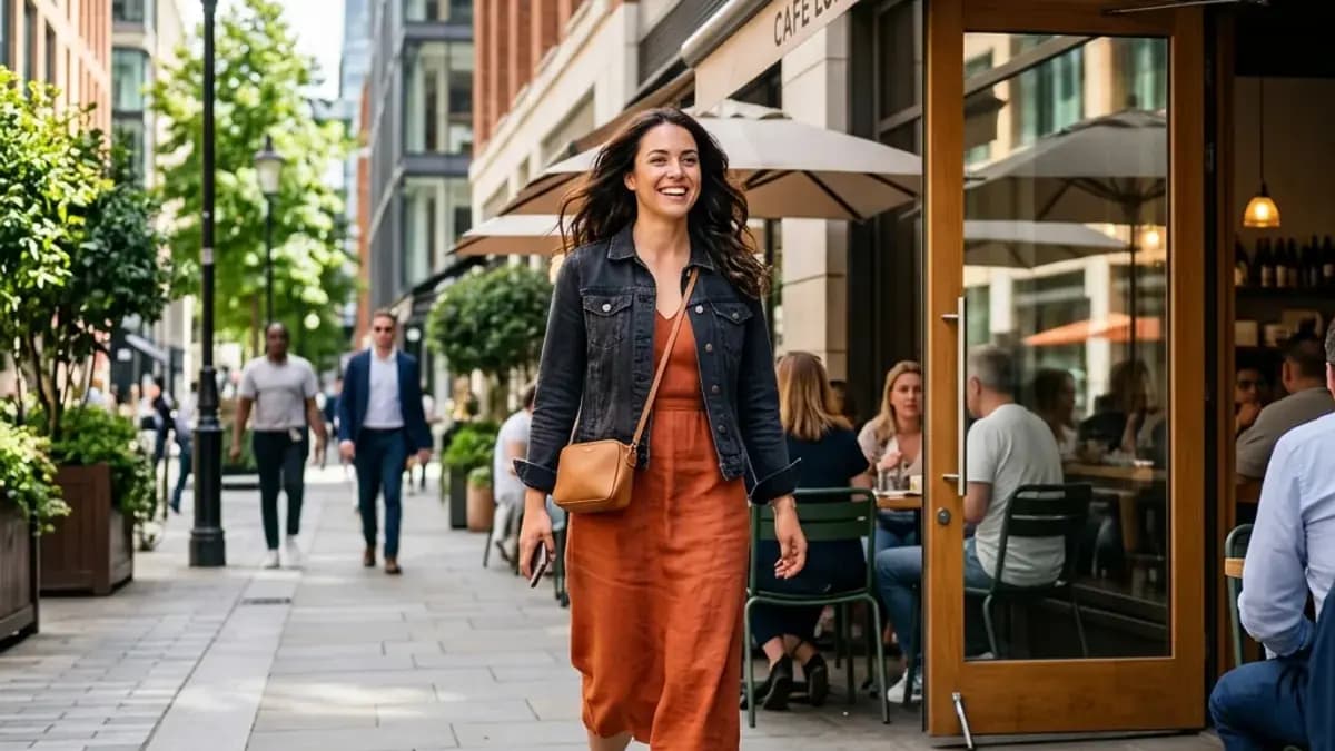 Woman walking confidently toward a public cafe for a safe first date Woman walking confidently toward a public cafe for a safe first date