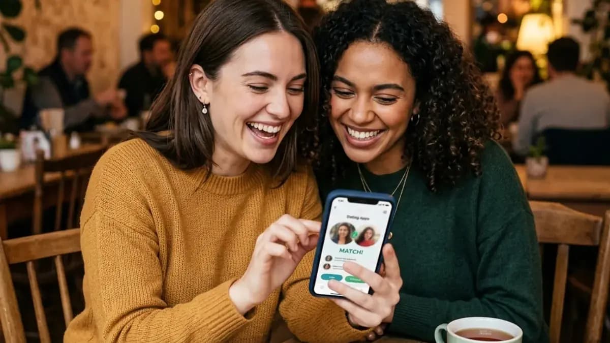 Two women friends at a cafe discussing dating app matches together Two women friends at a cafe discussing dating app matches together