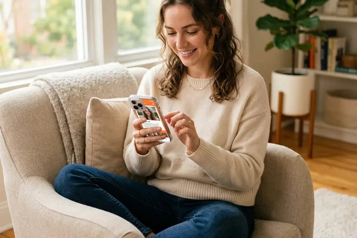 Best Free Dating Apps Person casually scrolling through a free dating app while relaxing at home