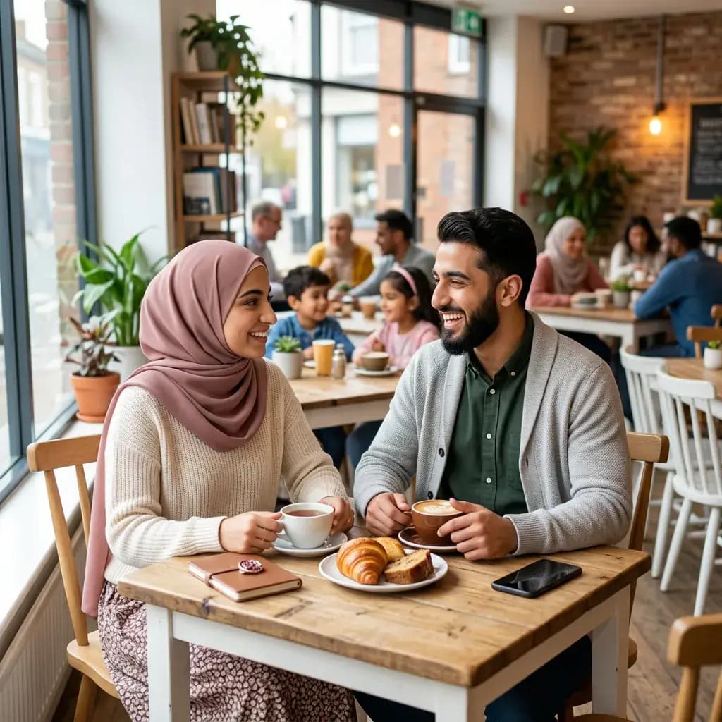Muslim couple having respectful first meeting at a bright public cafe Muslim couple having respectful first meeting at a bright public cafe