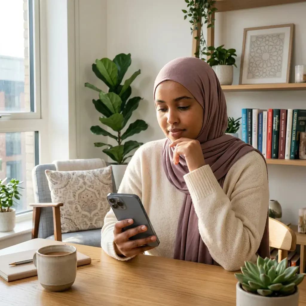 Best Muslim Dating Apps Young Muslim woman in hijab thoughtfully considering dating app options on her phone
