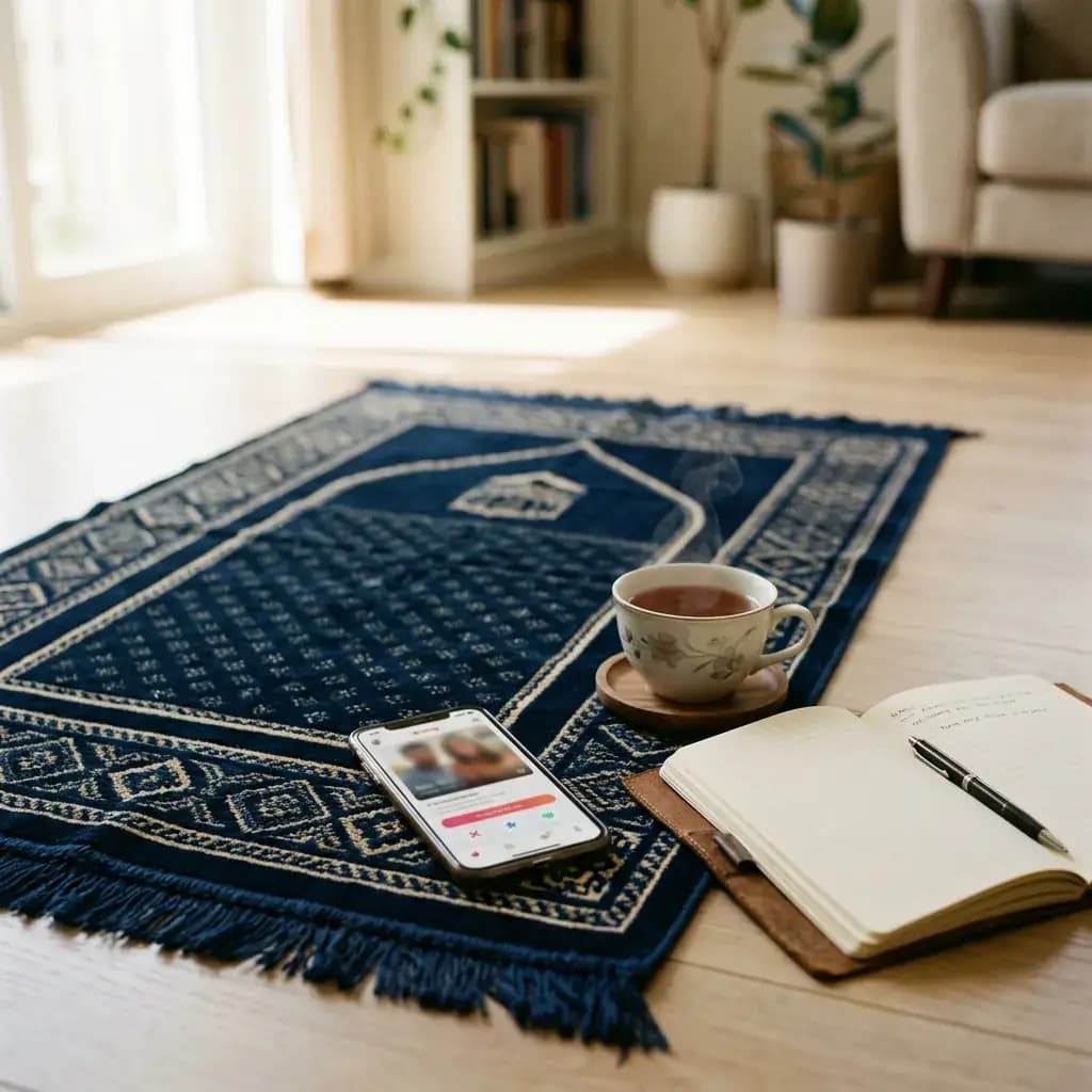 Smartphone next to tea and notebook conveying faith and intentional dating Smartphone next to tea and notebook conveying faith and intentional dating