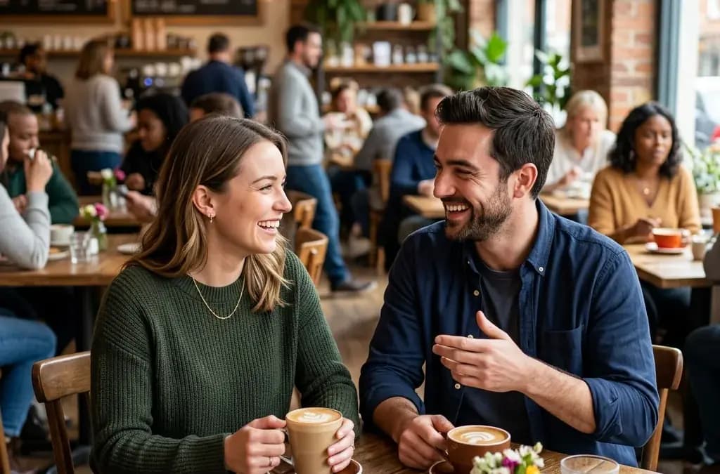 Two people having an enjoyable comfortable first date conversation at a well-lit public cafe Two people having an enjoyable comfortable first date conversation at a well-lit public cafe
