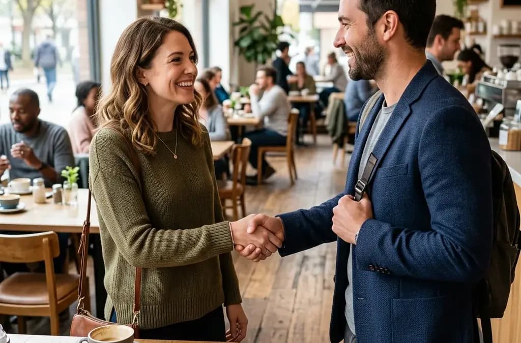 How to Safely Meet Someone From a Dating App Two people meeting safely for the first time at a busy public café