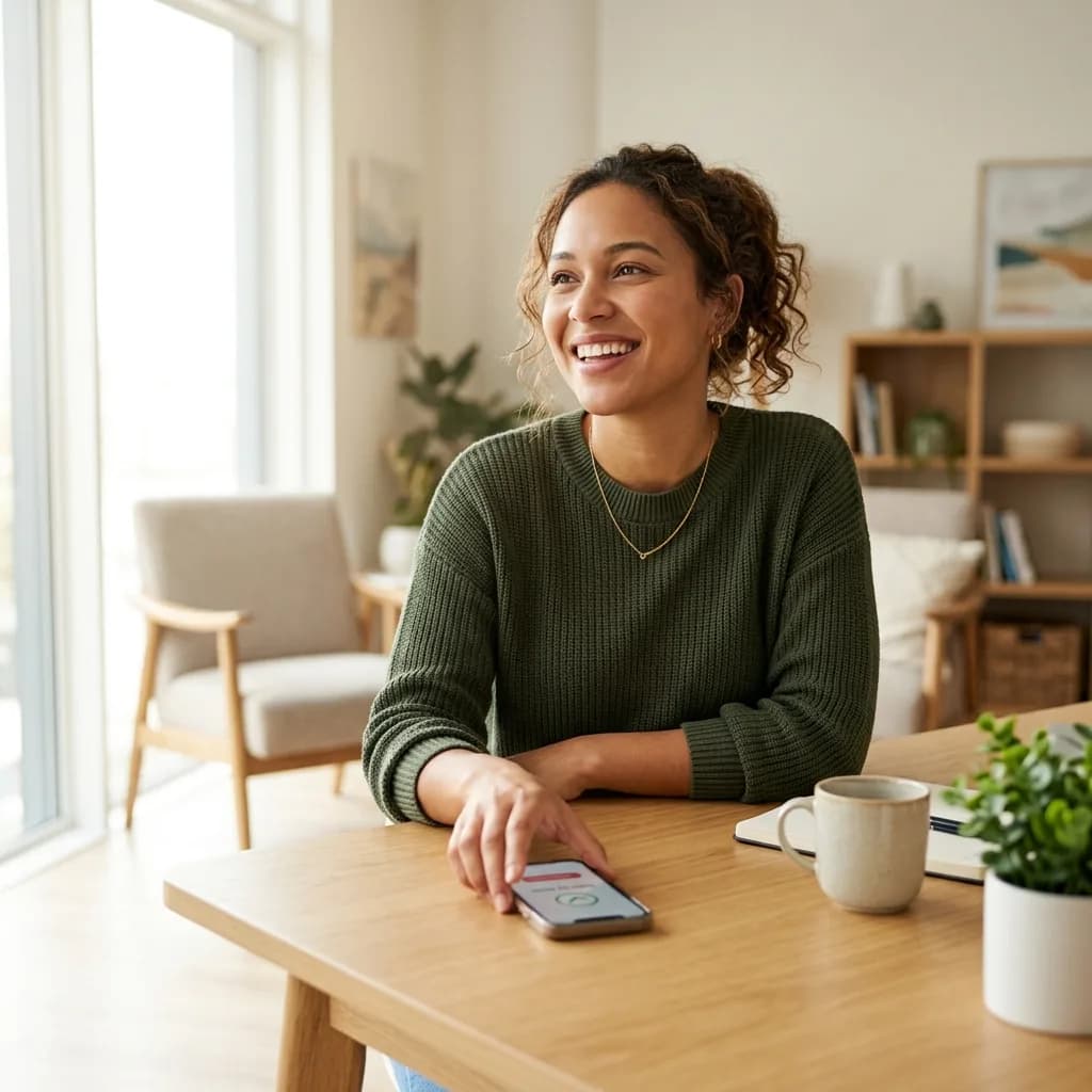 Person confidently putting down phone after verifying a dating profile safely Person confidently putting down phone after verifying a dating profile safely