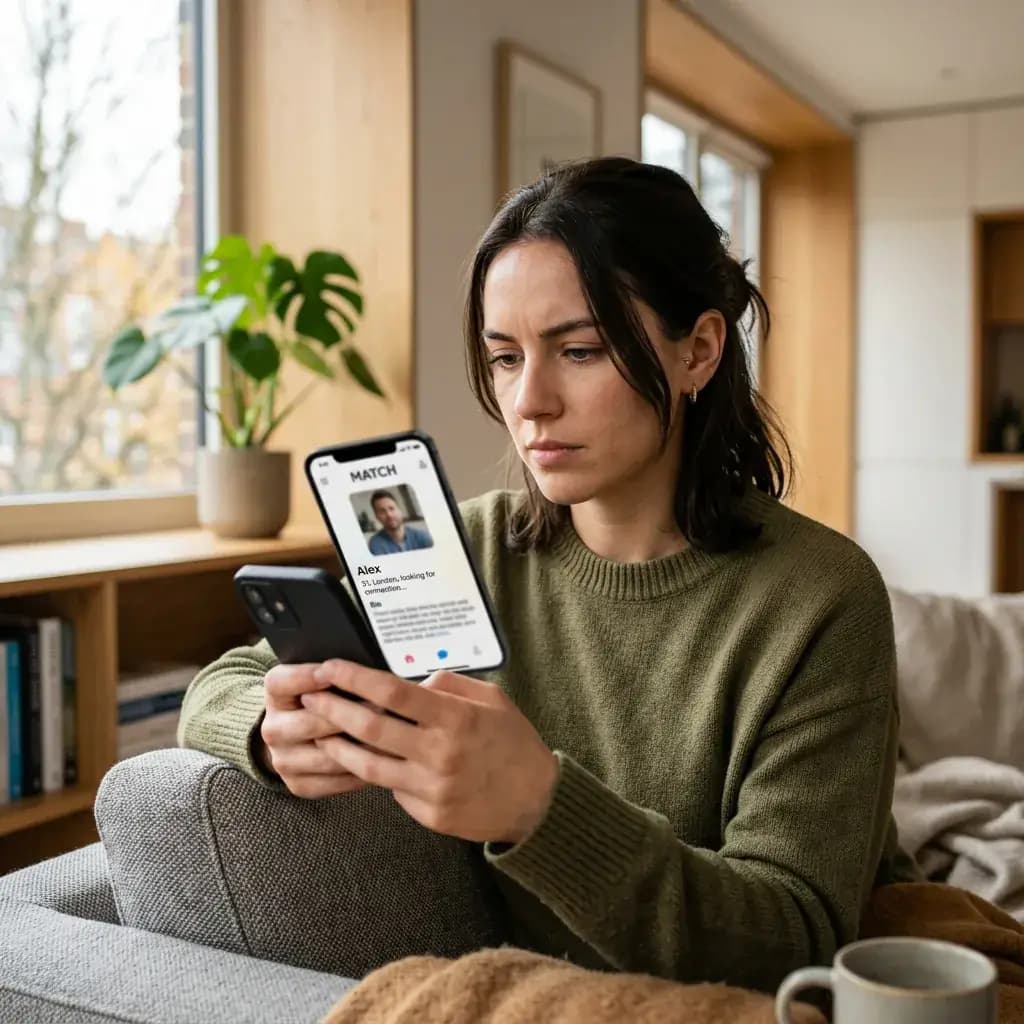 How to Spot Bot Dating Profiles Person checking a suspicious dating profile on smartphone with a serious calm expression