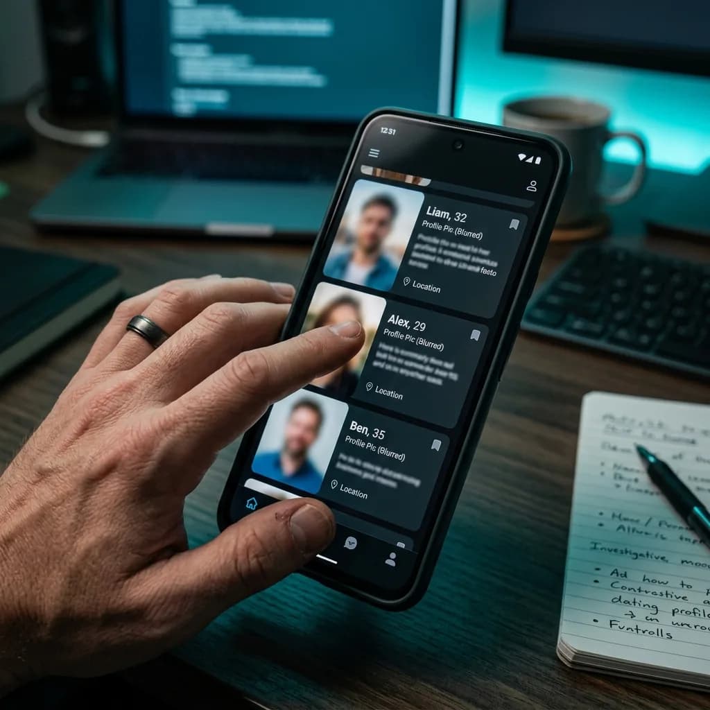 Close-up of phone screen scrolling through suspicious dating profiles Close-up of phone screen scrolling through suspicious dating profiles