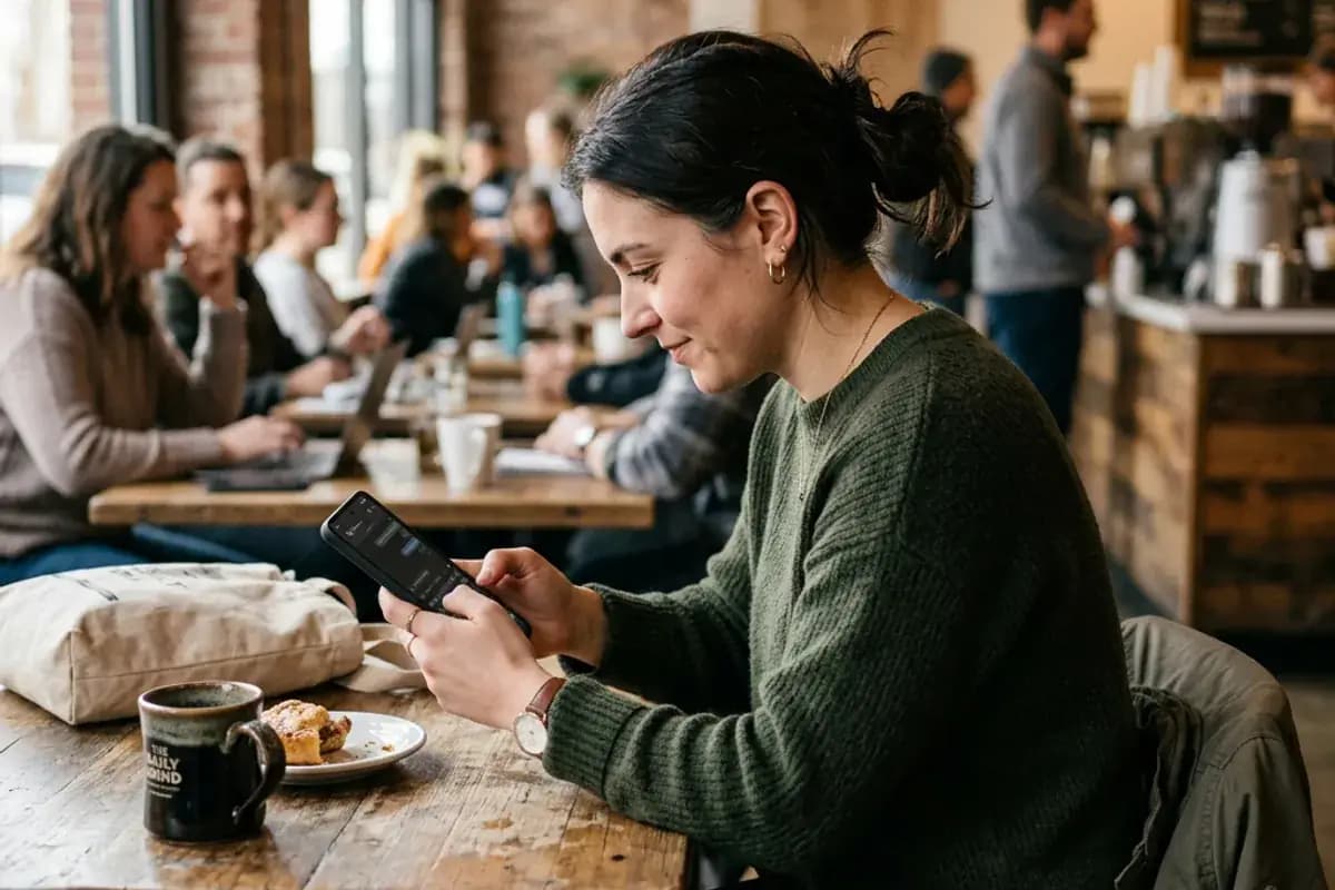 Protect Your Privacy on Dating Apps Person using smartphone with privacy screen protector at a public cafe