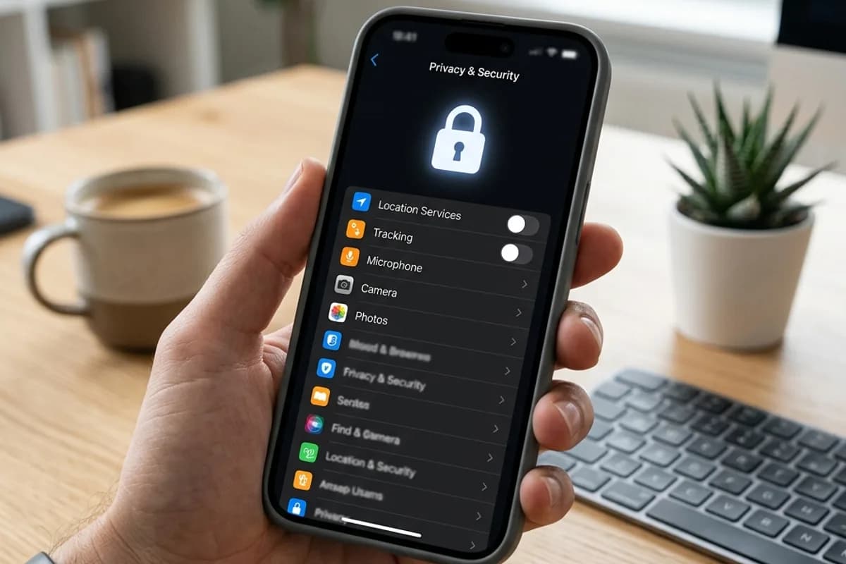 Phone showing privacy and security settings for dating app protection Phone showing privacy and security settings for dating app protection