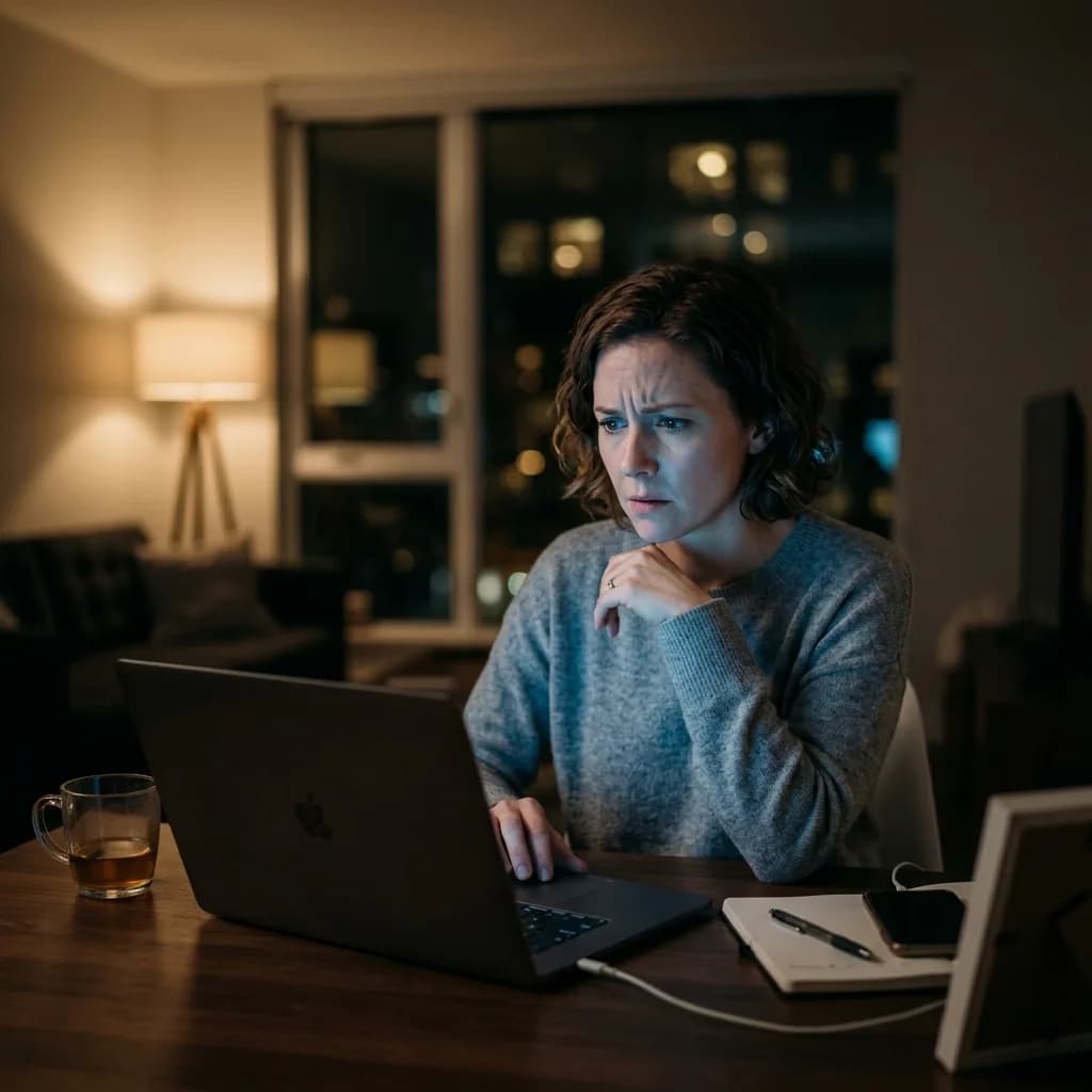 Romance Scam Warning Signs Concerned person sitting at desk at night looking at laptop screen realizing romance scam warning signs