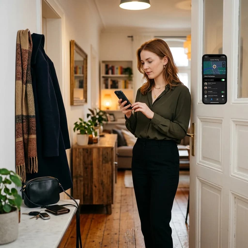 Person checking safety settings on phone before leaving for a first date Person checking safety settings on phone before leaving for a first date