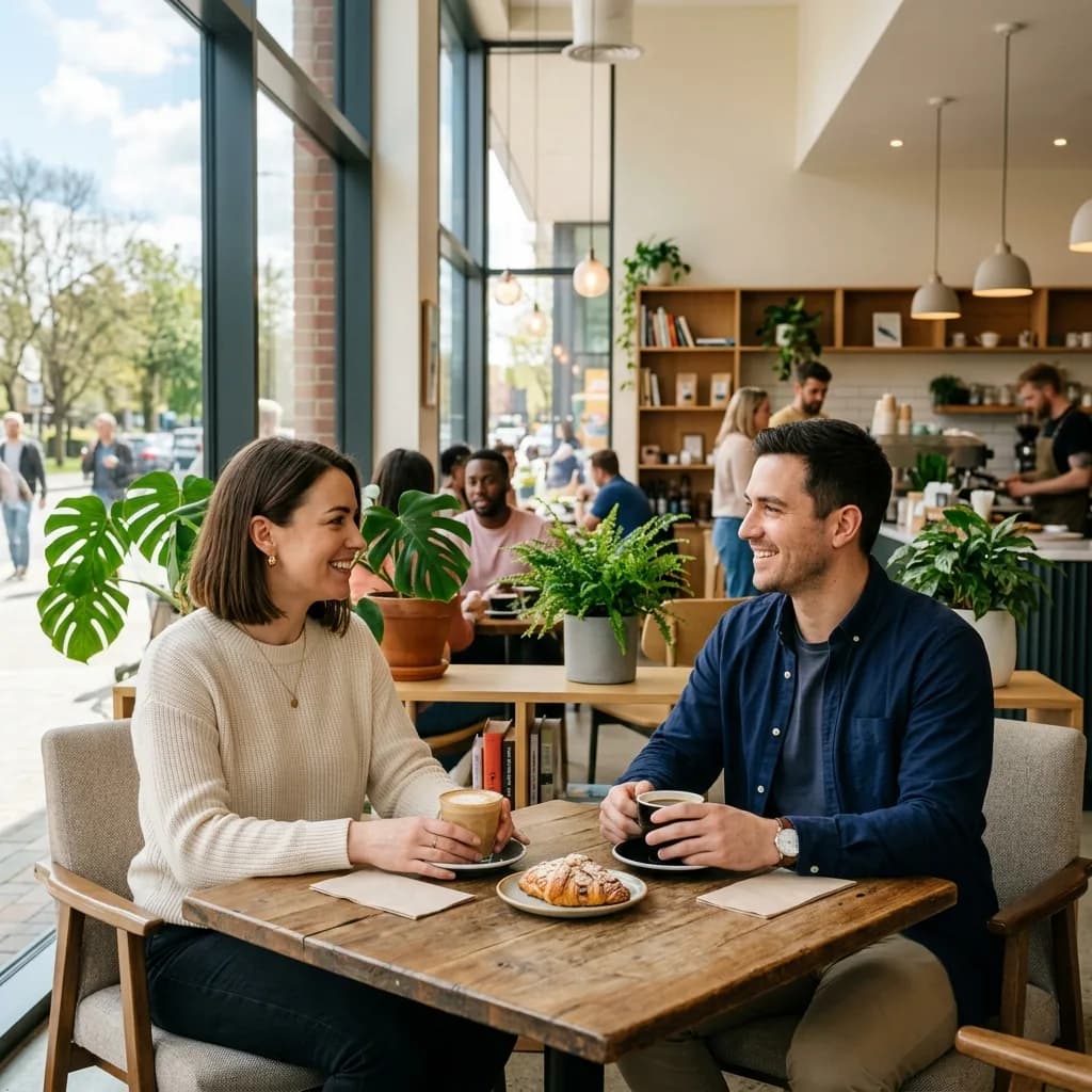 Two people meeting safely for a first date at a bright public cafe Two people meeting safely for a first date at a bright public cafe