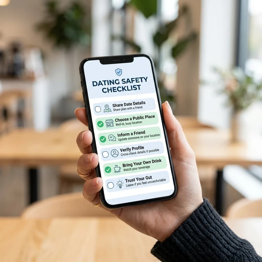 Smartphone showing a safety checklist concept for dating app users Smartphone showing a safety checklist concept for dating app users
