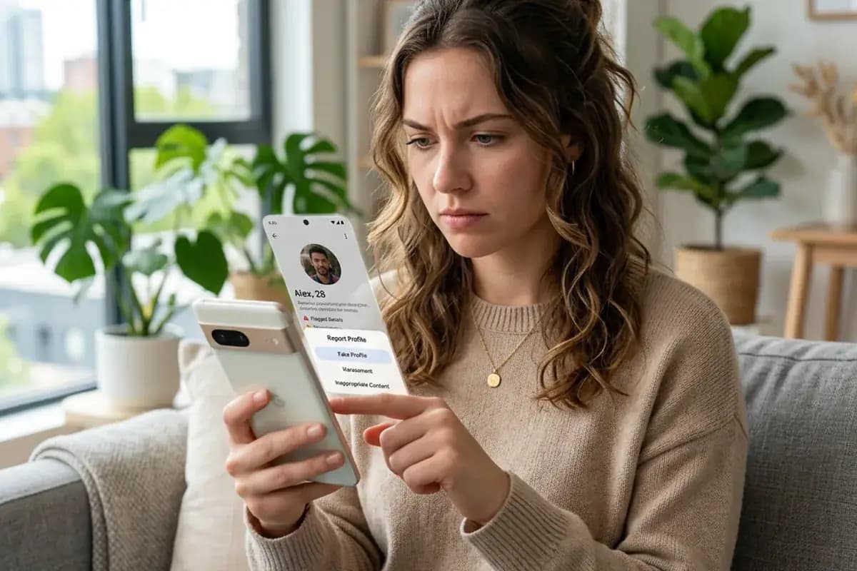 Person reporting a fake profile on a dating app with decisive expression Person reporting a fake profile on a dating app with decisive expression