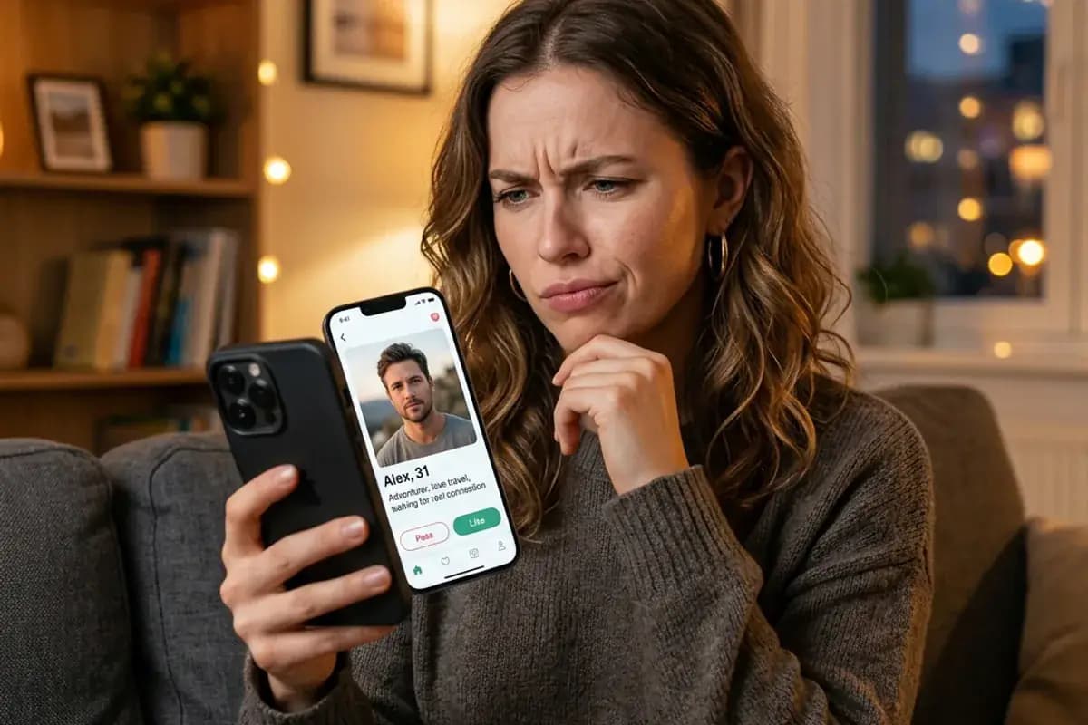 Signs Someone Is Catfishing You Person looking skeptically at a suspicious dating app profile on phone