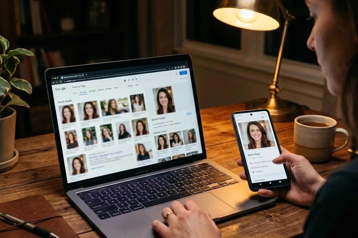 Laptop and phone on desk doing reverse image search to verify dating profile Laptop and phone on desk doing reverse image search to verify dating profile