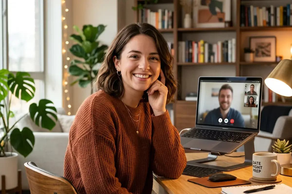 Video Call Safety Before Meeting Person on a pre-date video call at their desk smiling at laptop