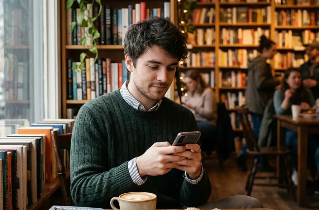Best Tinder Bios for Shy Guys Shy introverted man thoughtfully scrolling his phone at a cozy bookstore cafe