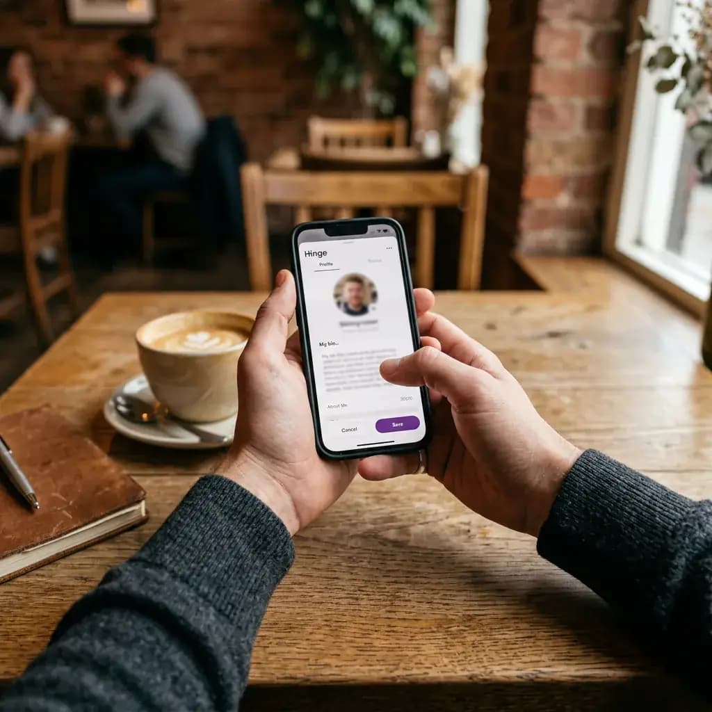 Hands holding a phone editing a dating app bio at a coffee shop Hands holding a phone editing a dating app bio at a coffee shop
