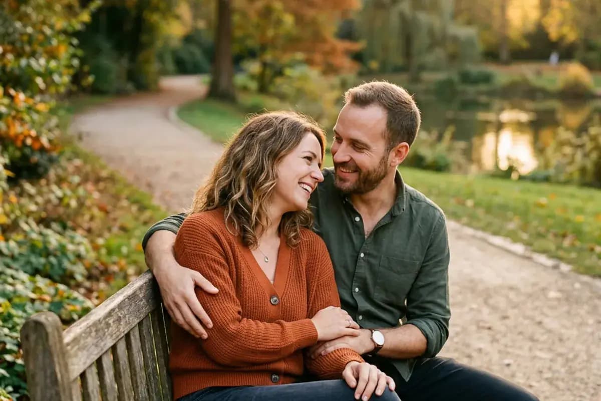 Couple sitting on a park bench at golden hour with deeper connection Couple sitting on a park bench at golden hour with deeper connection