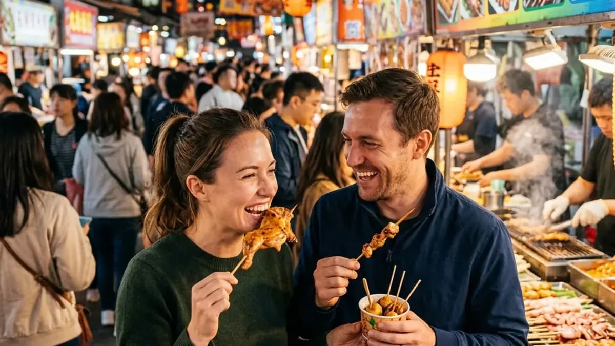 Couple at a food market sampling different cuisines on a second date Couple at a food market sampling different cuisines on a second date