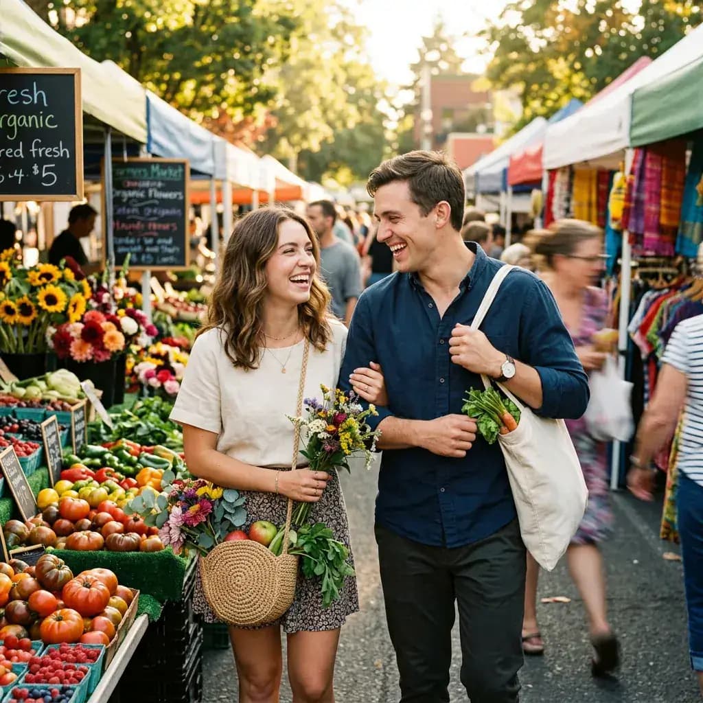 Creative Date Ideas — Find Your Perfect Date Activity Happy couple exploring a vibrant outdoor farmers market together on a sunny day