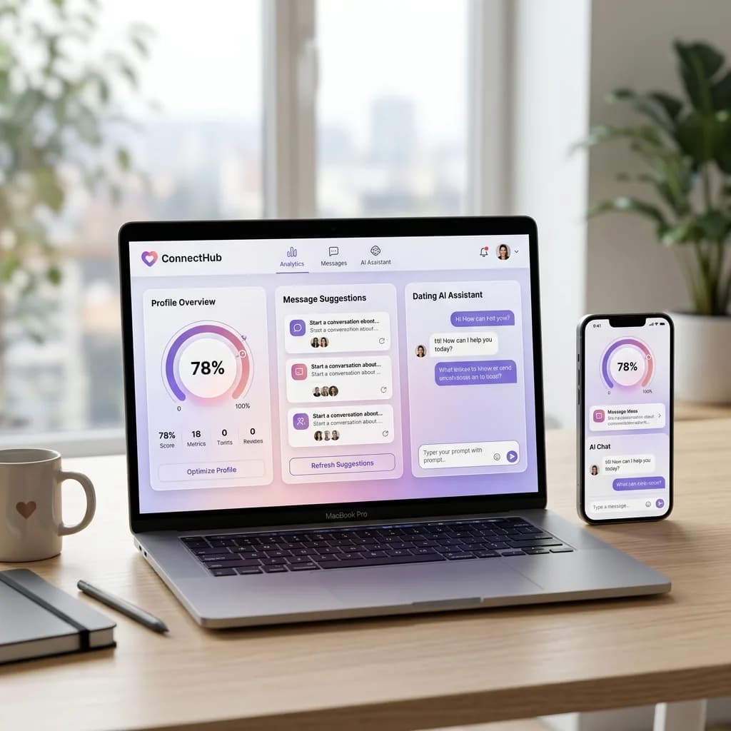 AI-powered dating tools dashboard showing profile score analyzer, message suggestions, and dating assistant on laptop and mobile